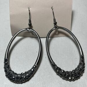 Y2K Express Oval Drop Hoops Gunmetal Rhinestone Encrusted Sparkly NYE Party